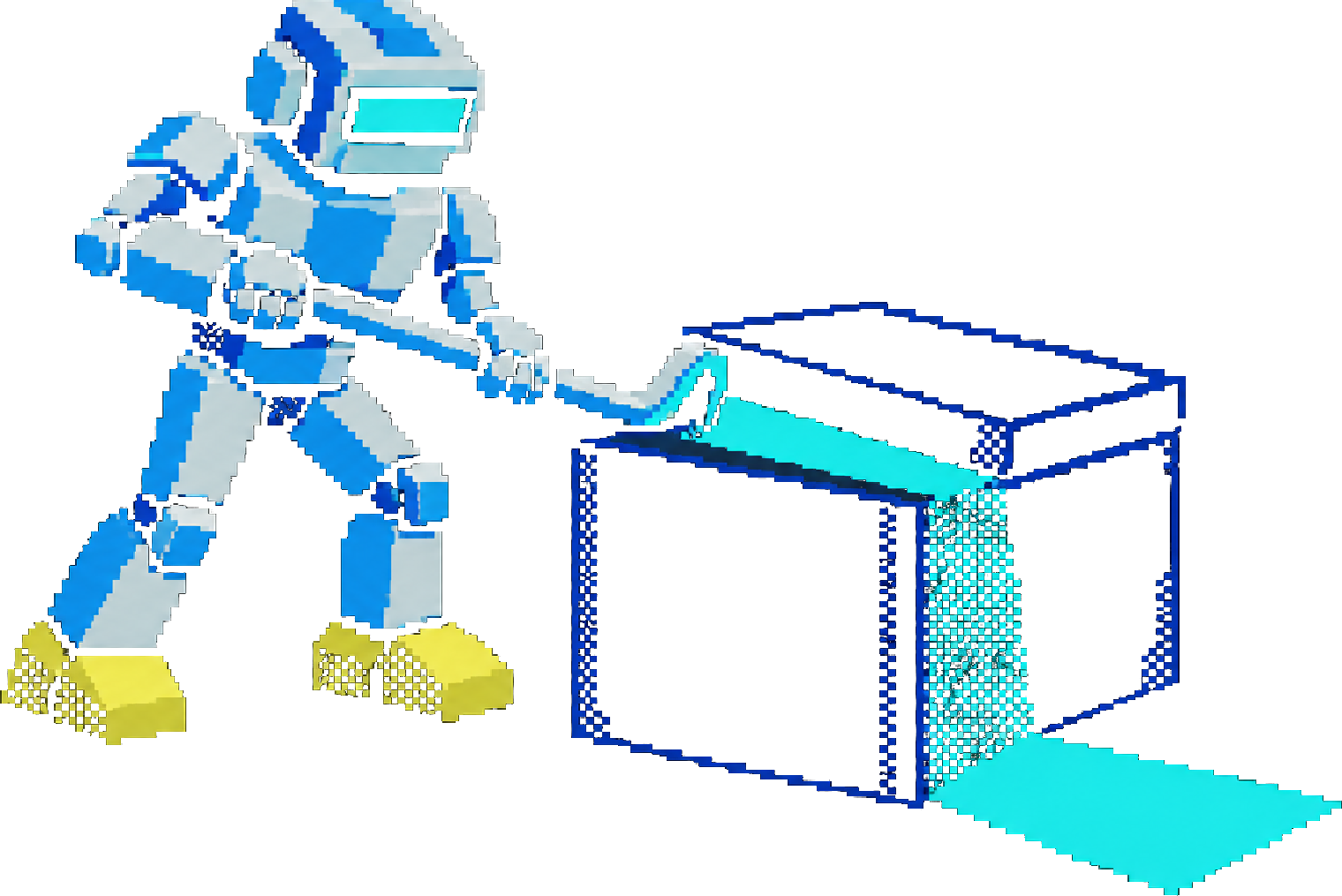A small robot prising the lid off a black cube