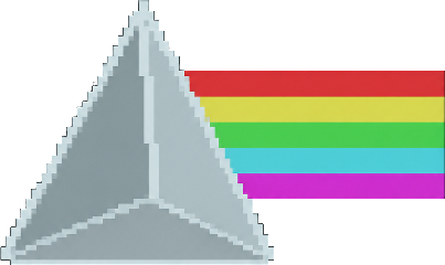 A glass prism with five bars of colour leaving its right face